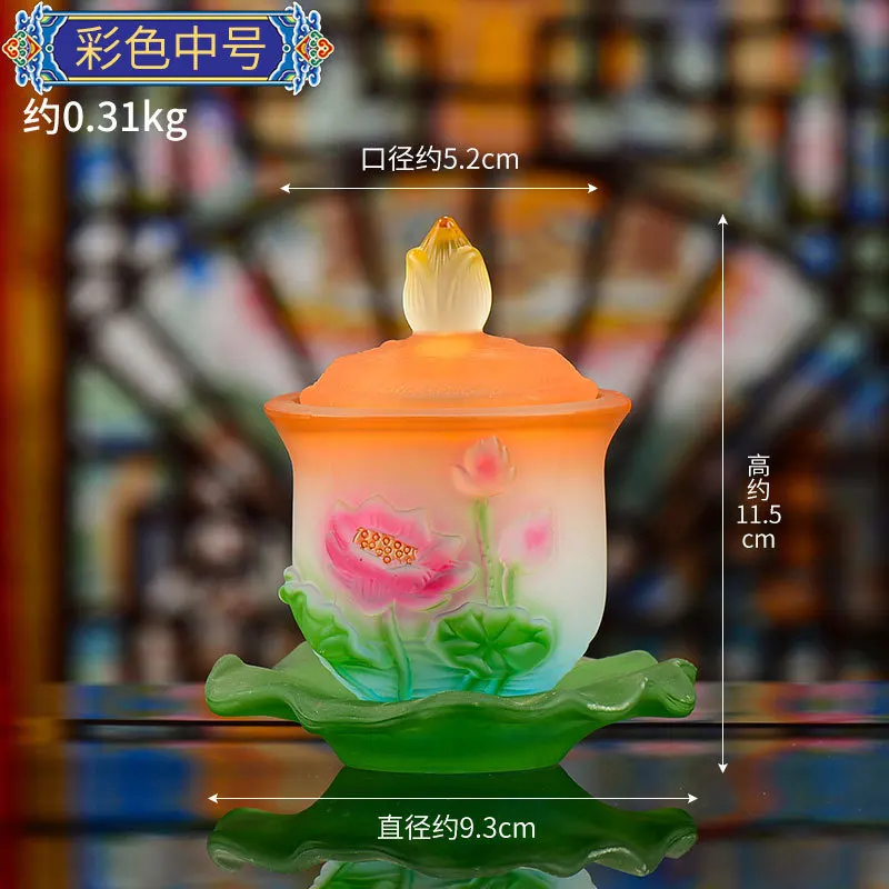 Coloured Glaze Buddha Front Holy Water Cup Household Use Lotus Bowl Buddhist Utensils Temple Guanyin Water Supply Cup with Cover 2
