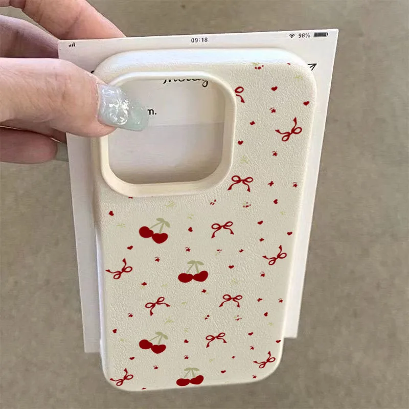 Cherry Bow Lichee Pattern Shockproof Phone Case - Soft TPU Silicone Bumper Back Cover