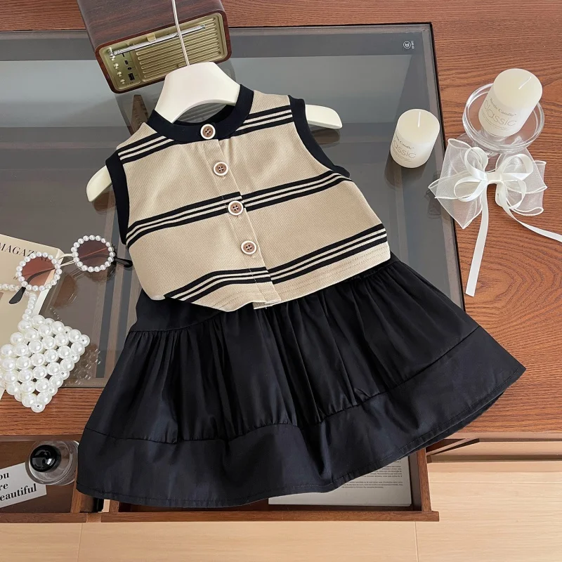 2024Summer New Girls' Striped Sleeveless Dress Suit Girls' Casual Vest Dress Sets24152