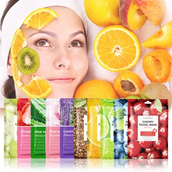 10pcs Skin Care Natural Fruit Plant Moisturizing Facial Mask Blueberry Cherry Aloe Lavender Rose Sheet Mask Shrink Pores