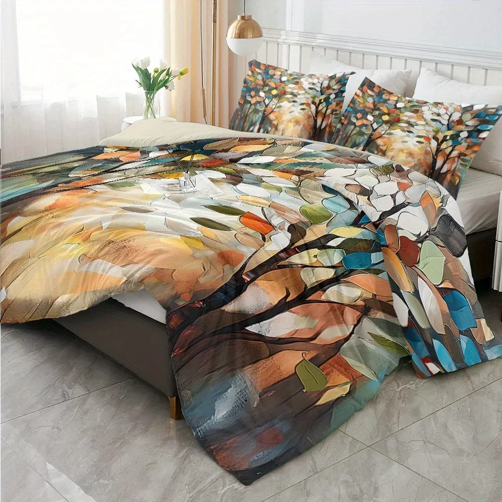 3pcs Colorful Oil Painting Leaves Printed Quilt Set- Includes 1 Quilt Cover and 2 Pillow Cover (without Filler)