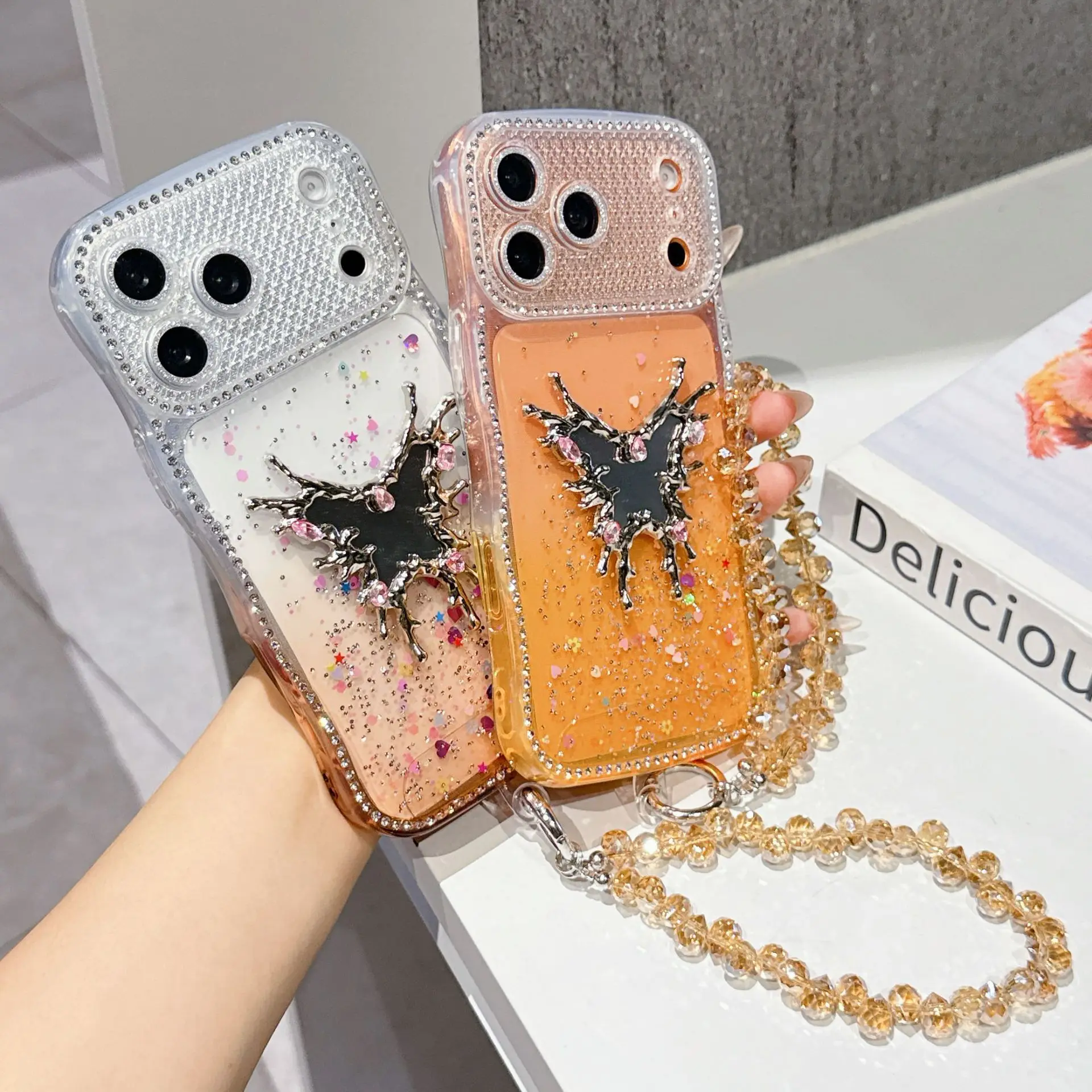 Butterfly Makeup Mirror Sparkling Diamond Case with Bracelet and Mirror Film