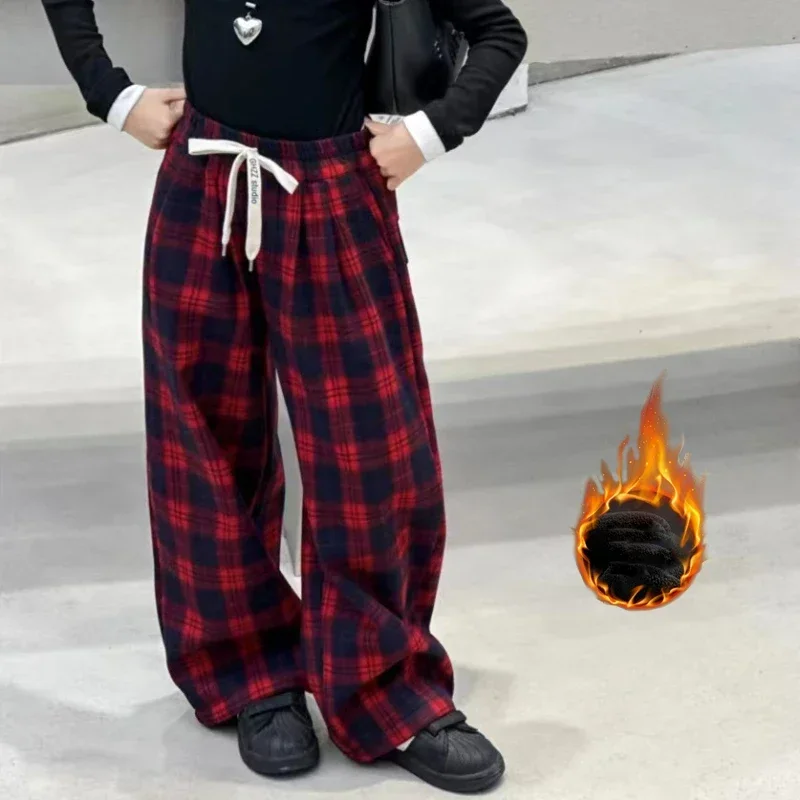 

Winter Fleece Warm Plaid Pants for Girls Casual Straight Leg Trousers for Kids Red Christmas Teens Children Sports Trousers 12 Y