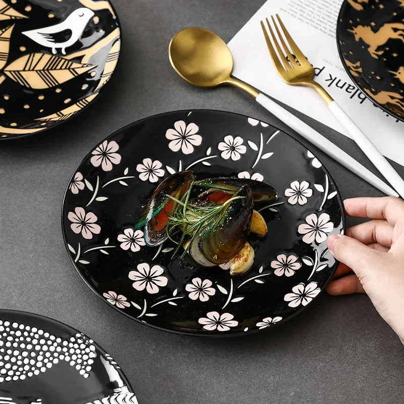 Kitchen Ceramic Plate Sets Tableware Japanese Hand Painted Relief Underglaze Dishes Dinner Plate Set Home Restaurant Plates