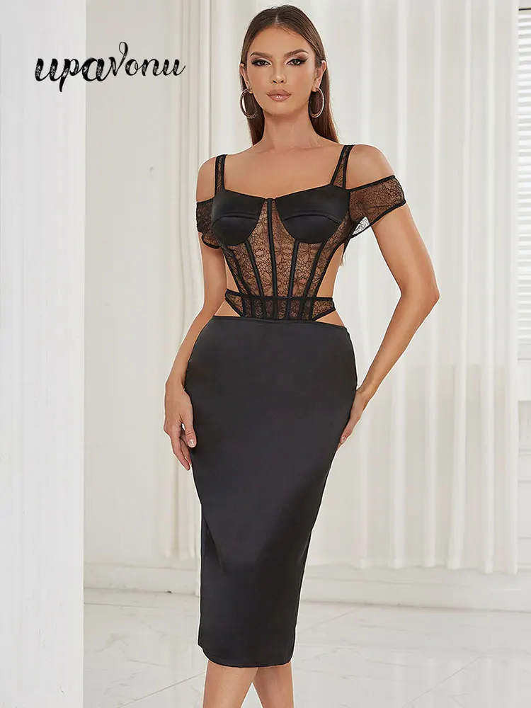 

2023 Sexy Black Lace Patch Bandage Dress Women's Card Shoulder Sleeve Bodycon Hollow Knee Length Dress Cocktail Party Dresses