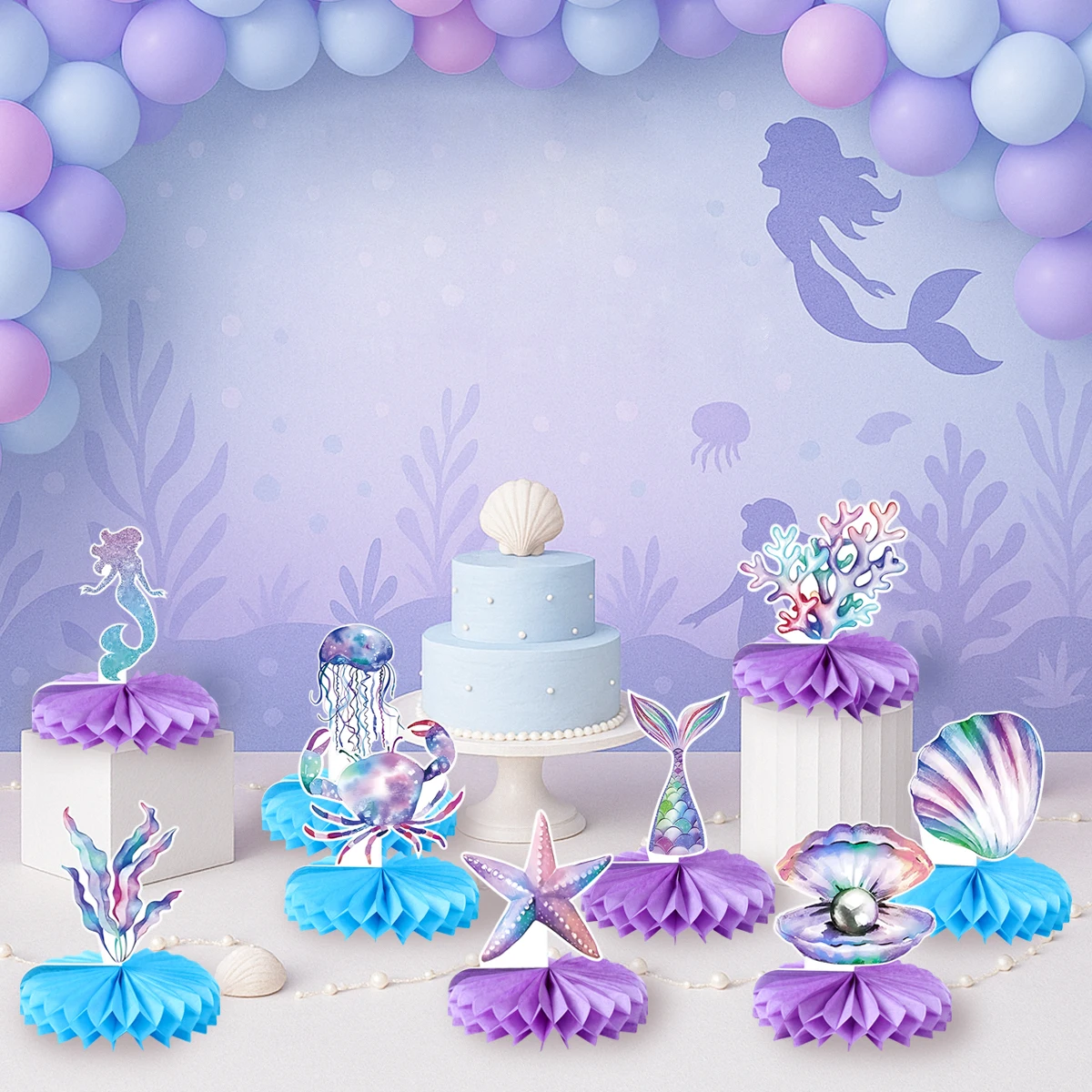 Kreatwow Mermaid Dive Into 5 Honeycomb Centerpieces - 8pc Under The Sea 5th Birthday Decorations - View #12