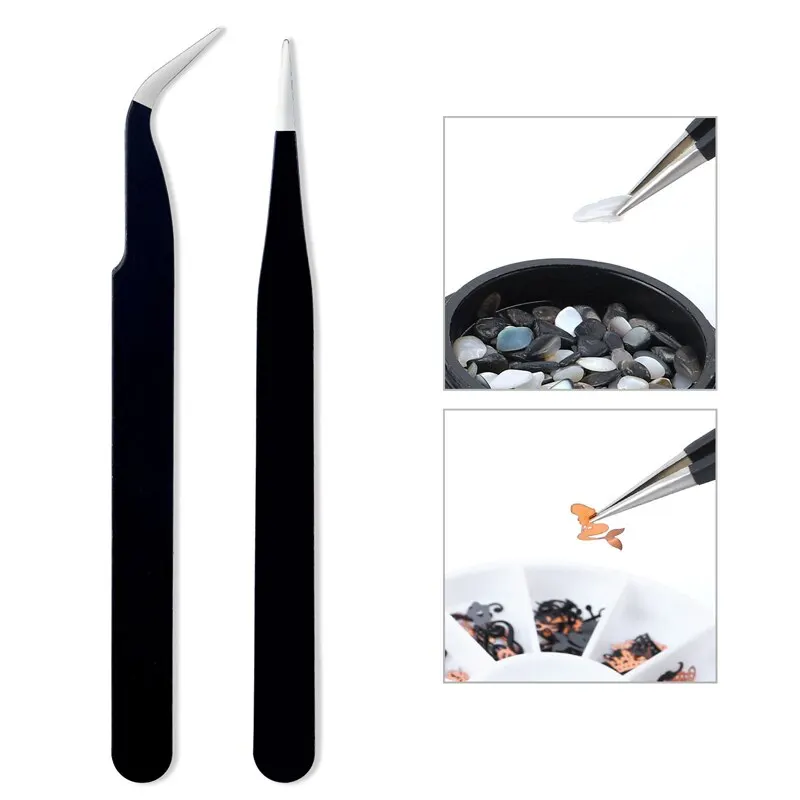 2Pc Nails Art Stainless Steel Curved Straight Tweezer for 3D Sticker Rhinestones Nipper Picking Professional Manicure Tool nail art picking tools,nail art tools,rhinestone picking tool