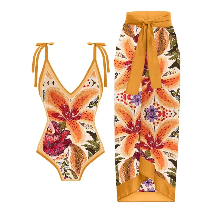 

Floral Print Vintage Swimsuit Women 2023 New Lace Up Swimwear Brazilian Holiday Designer Bathing Suit Fashion Beach Cover Up