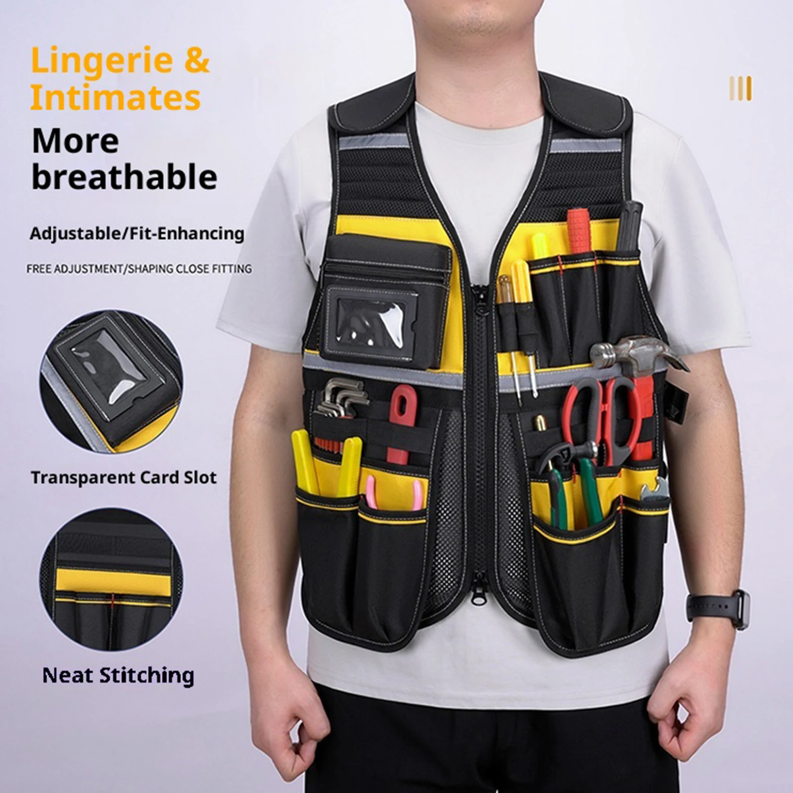 다양한 주머니가 있는 전기 기술자 작업 조끼 반사 안전 작업 조끼 전기공 목수 건설용