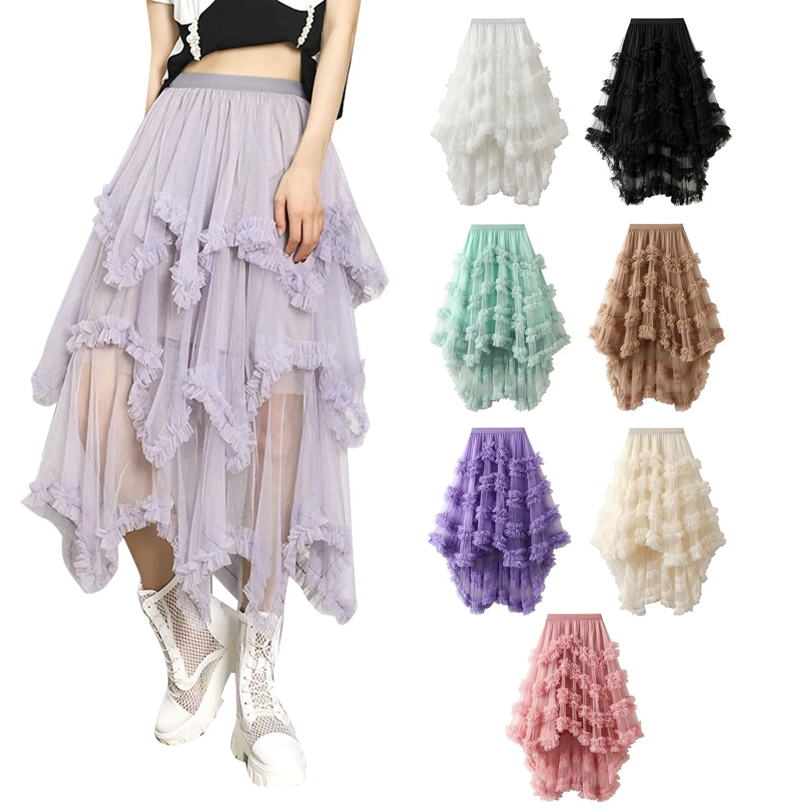 

New Sexy Women Layered Tulle Long Skirt Fashion High Waist Solid Color Frill Trim Ruffle Midi Skirt Daily Wear Street Style Hot