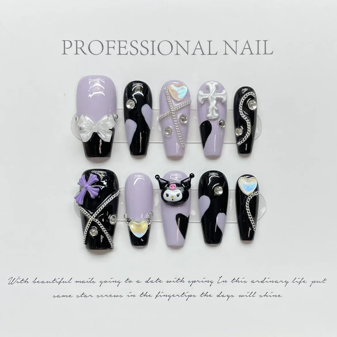 

10PCS/Set Handmade 3D False Nails Patches Kuromi Square Head Full Cover Detachable Artificial Fingernails Press On Fake Nail Tip