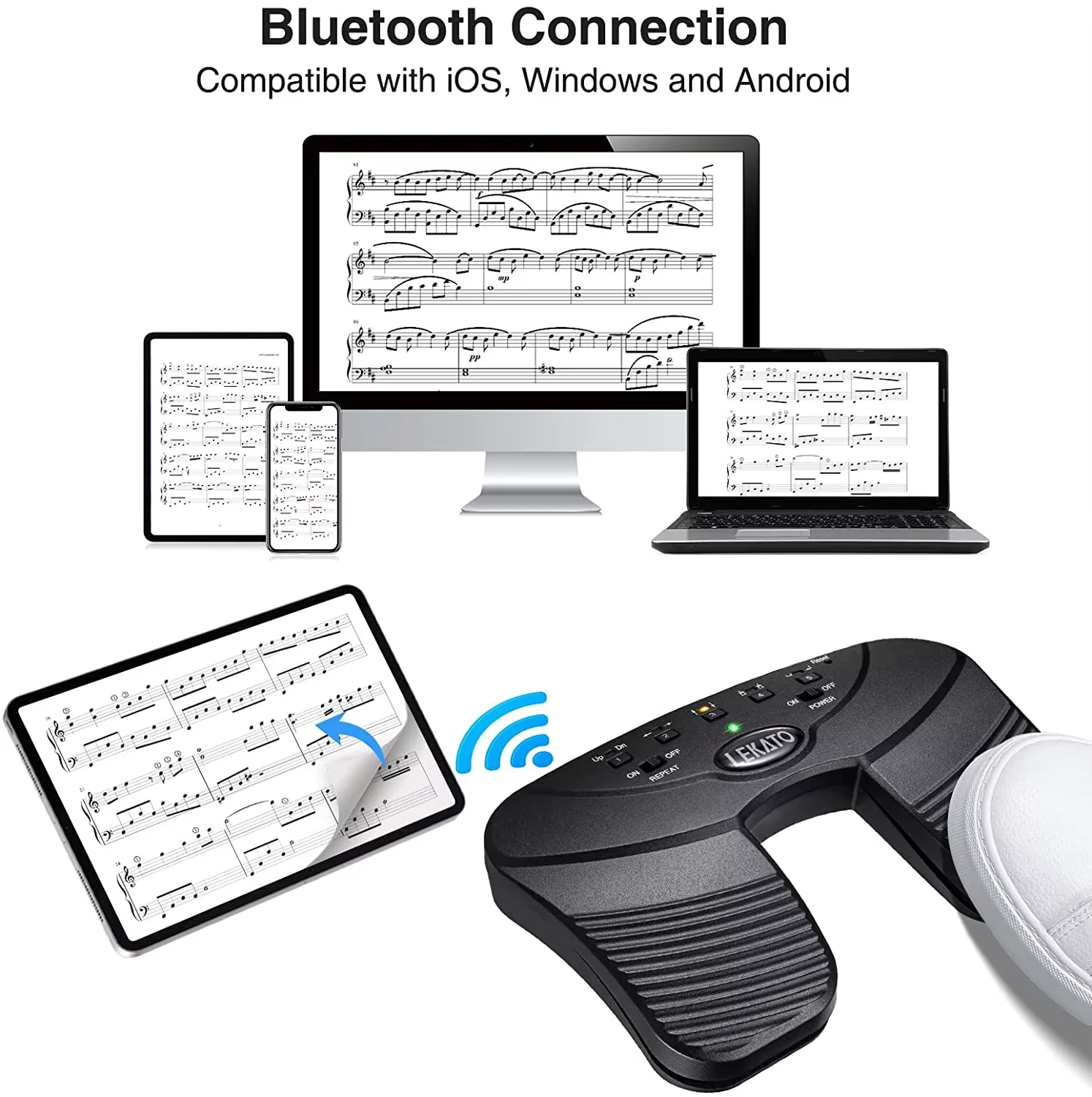 Lekato Bluetooth Foot Pedal Hands-Free Page Turner Sheet Music Pdfs 33Ft Range Mac/pc/android Plug-And-Play