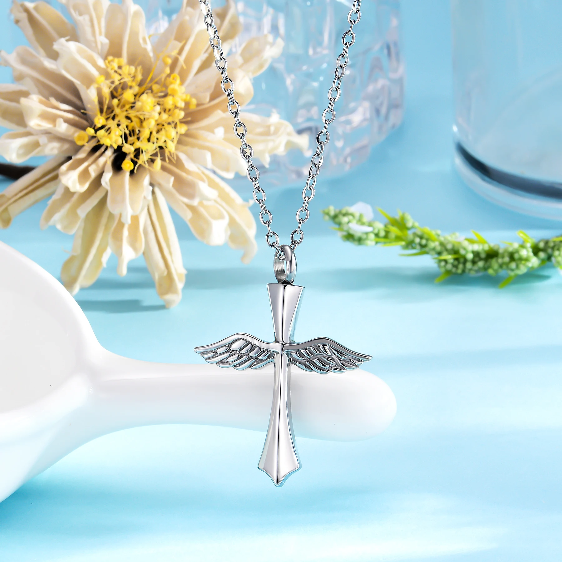 Collana Urna Per Ceneri A Forma Di Ala D'Angelo – Gioiello Commemorativo In Acciaio Inox 316L Con Ciondolo Verticale – Ricordo Per Ceneri Di Persone O Animali