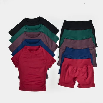 Yoga Short Sleeve Top Leggings Set Women's Vest Light Weight Sports Stretchy Shirts High-Waisted Hip Lift Gym Shorts Sports Set 1