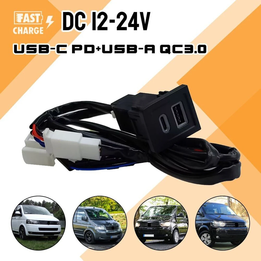 Dual USB Car Charger Socket PD+QC3.0 Fast Charger Socket Outlet Phone Charge Power Adapter Outlet for VW Multivan T5 03-15