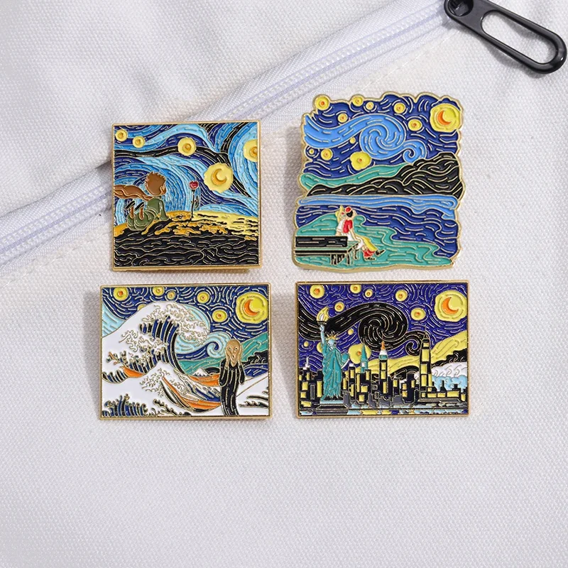

Classic Oil Painting Art Brooch Enamel Pin Cartoon Cat Flower Starry Sky Wave Decor Brooch Backpack Lapel Badges Jewelry Pins