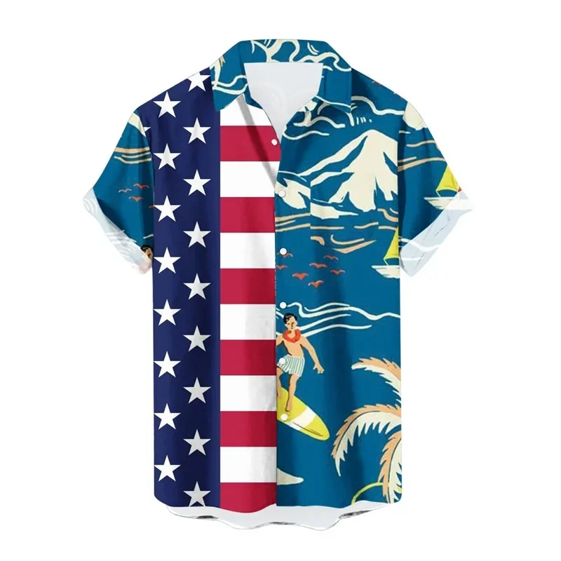 

Забавные Гавайские повседневные мужские рубашки, 3D печать, узоры Дня независимости, рубашки с пуговицами, тропический отпуск, Пляжная летняя одежда