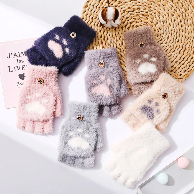 New Kawaii Women Warm Cat Gloves Fashion Girls Cat Claw Paw Plush Mittens Soft Plush Short Fingerless Half Finger Winter Gloves