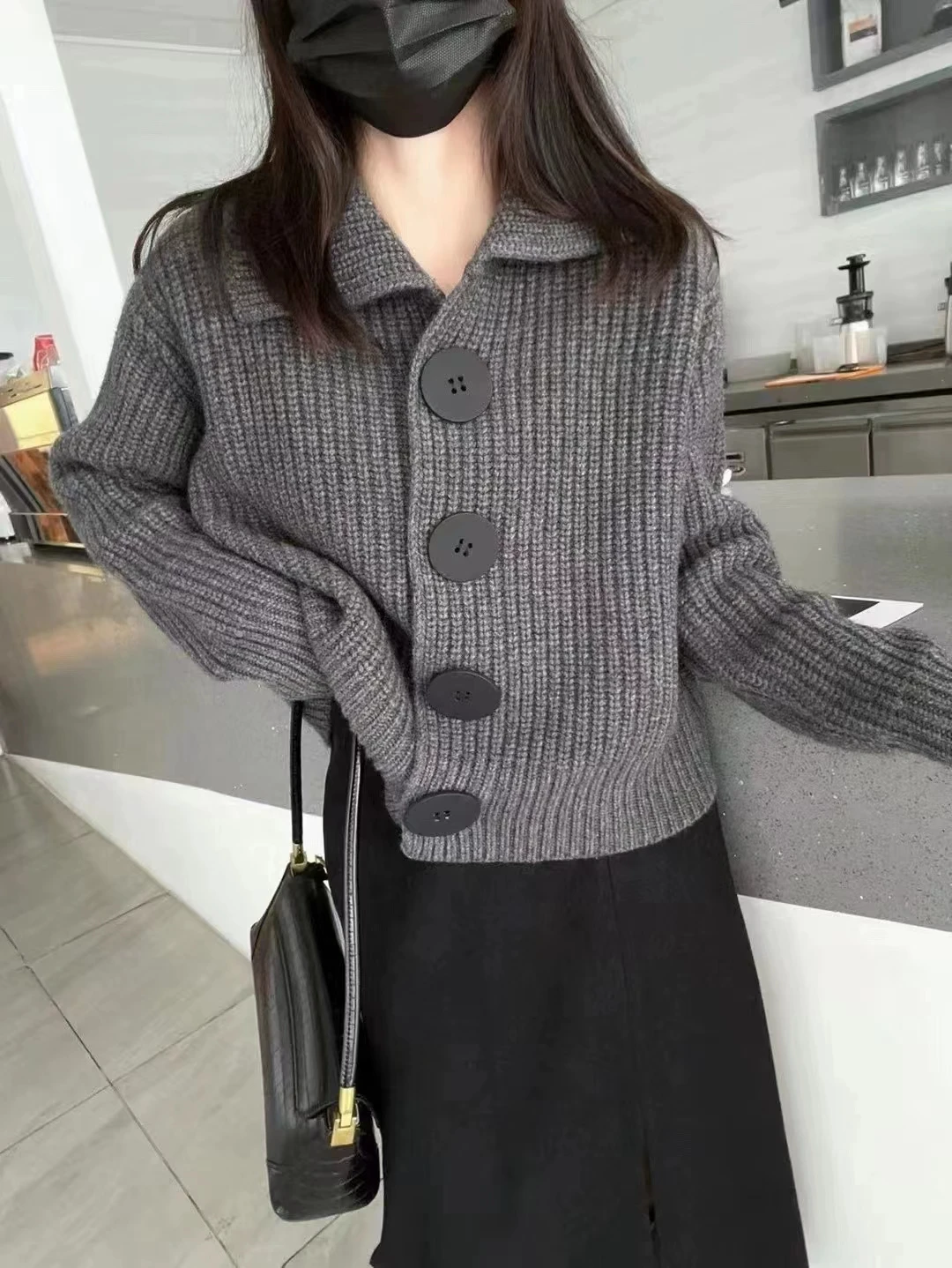 여성용 유럽 캐시미어 가디건, 폴로 칼라, 긴 소매, 느슨한 한국 패션, 빅 단추 라펠 울 니트 코트 스웨터