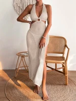 Fashionable and Elegant Woolen Dress Women's Bikini Blocked Solid Round Neck Hollow Skirt - Image 3