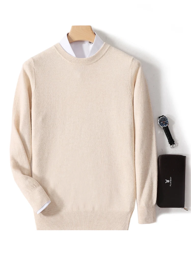 

100% Merino Wool Sweater Men's O-Neck Cashmere Pullover Tops Autumn Winter Thin Solid Color Basic Business Clothing Tops
