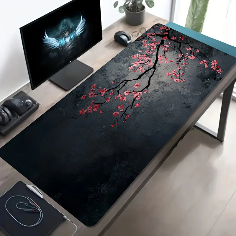 Large Gaming Mouse Pad Blossom Branch Ink Painting Design, Non-Slip Washable Rubber Base Stain-Resistant Gaming Mouse Pad