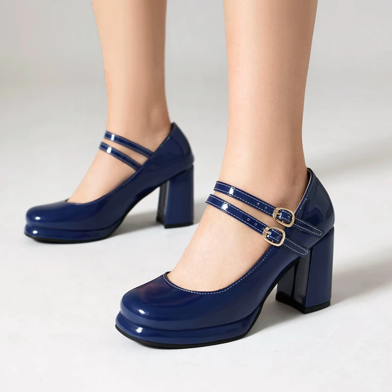 

Туфли-лодочки женские из лакированной кожи, Туфли Мэри Джейн, двойная Пряжка, круглый носок, платформа, блочный каблук, большой размер 42 43, темно-синие, белые, красные