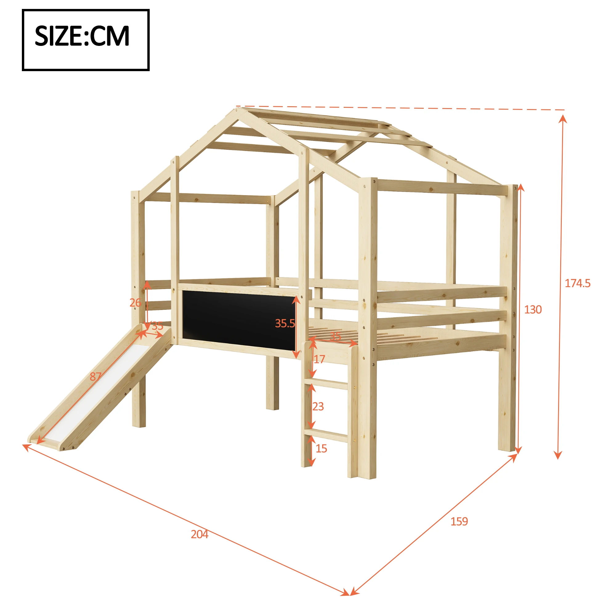 KOMHTOM Holzfarbenes Massivholzkinderhochbett mit Dachboden Design Sicherheitsleiter Sicherheitsrutsche und Graffiti Tafel – Detail 11