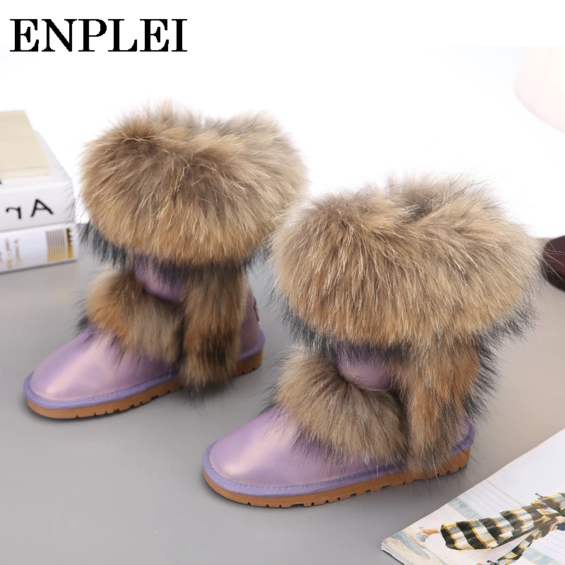 

XPAY Winter Boots Women Snow Boots Genuine Leather Fox Fur Mid-calf Warm Boots Female Shoes Size 34-42