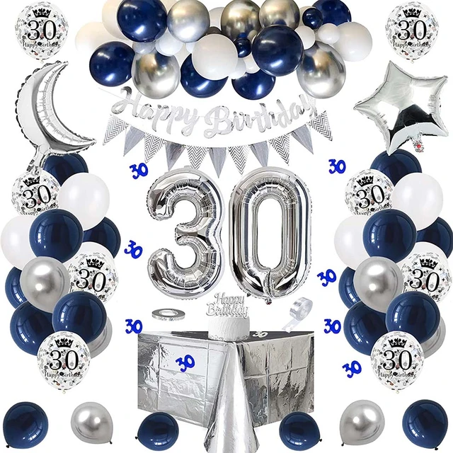 30 Ans Anniversaire Homme,Anniversaire 30 ans Bleu Argent Ballon 30 ans  Bannières de Joyeux,Ballons en Feuille Nappe Cake Topper pour Decoration