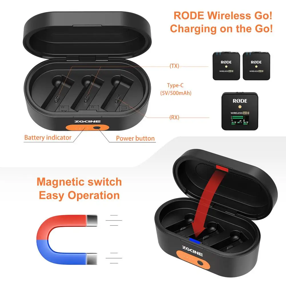 2 In 1 Wireless Lavalier Microphone Charging Case Box For Rode Wireless Go 1/2 Generation 3400mah Battery Capacity Charging Box