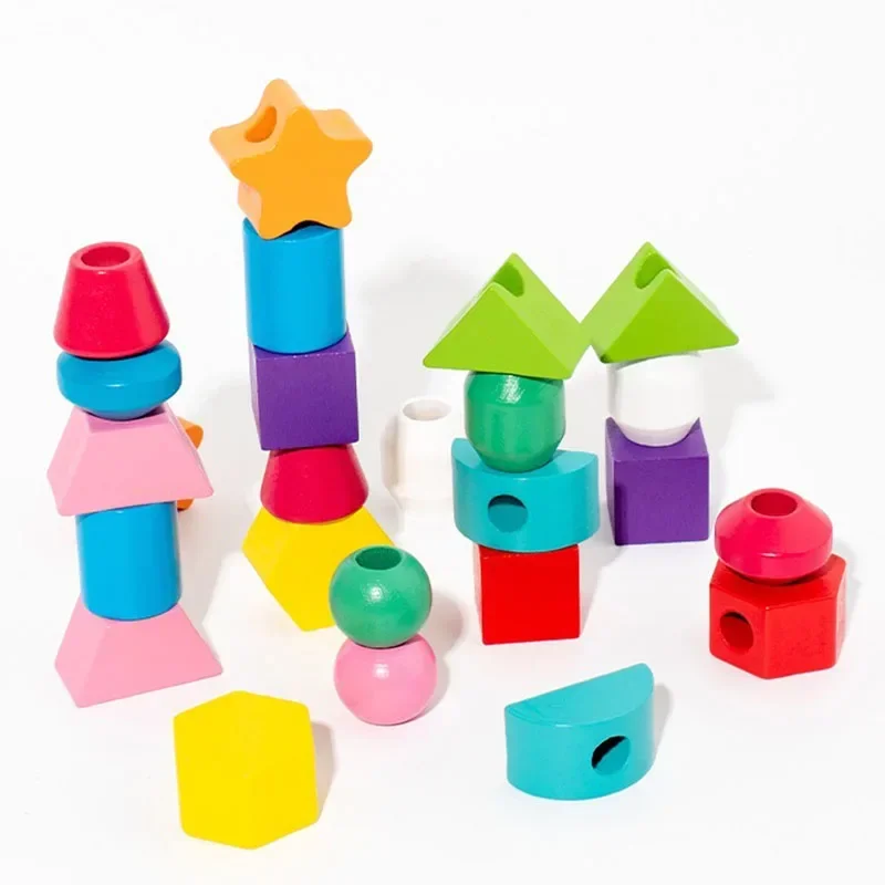 5 in1 Montessori Wooden Toys Color Shape Cognition Blocks Matching Sorting Game Beaded Early Educational Toys Children