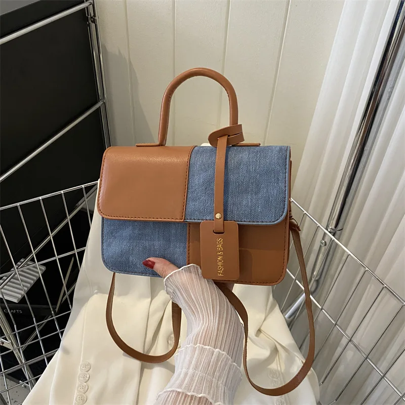 Women Fashion Stitching Textured Handbag 2023 Summer Commute Western Style Shoulder Messenger Bag Square Bag for Women