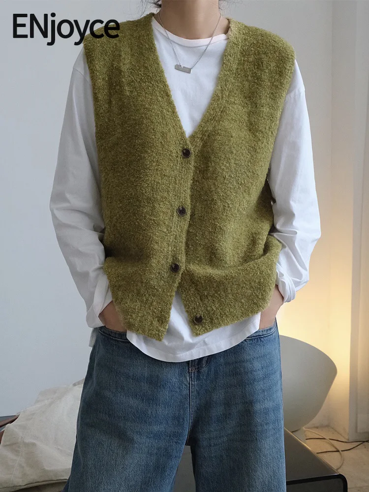 

ENjoyce Vintage Woolen Knitted Vest Sweaters Women Spring Fall Sleeveless Single Breasted Cardigan Waistcoat Knitwear Tops