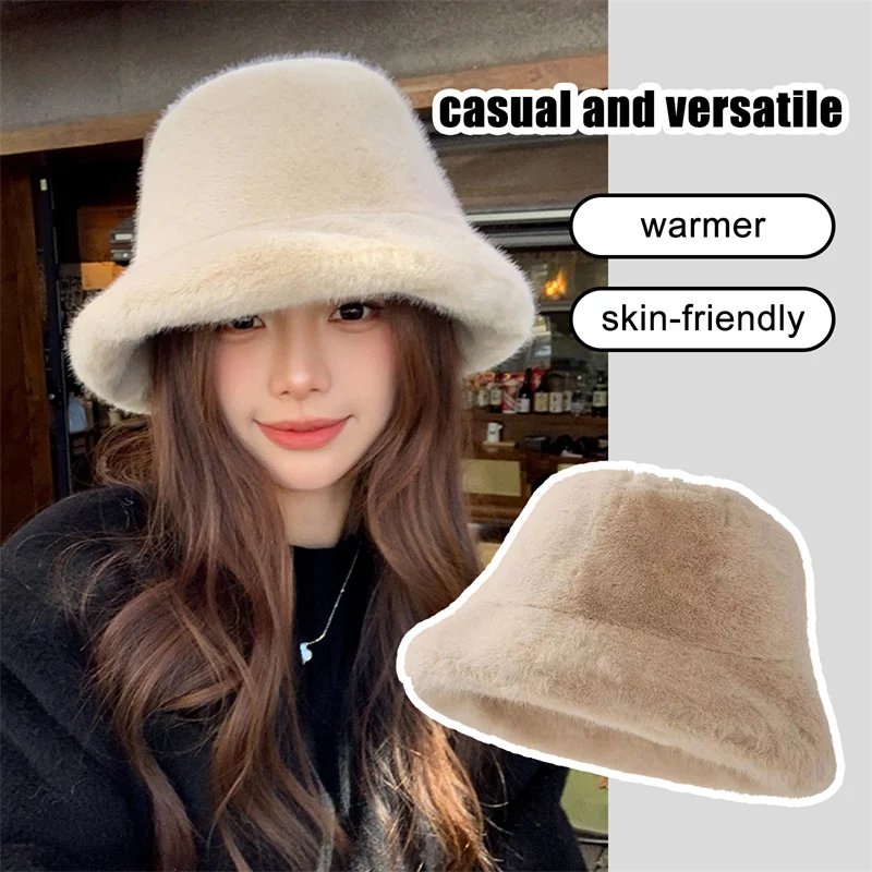 Fashion Fluffy Faux Fur Bucket Hat For Women Luxury Plush Fisherman Hat Warm Winter Thicken Cold Snowy Day Panama Cap