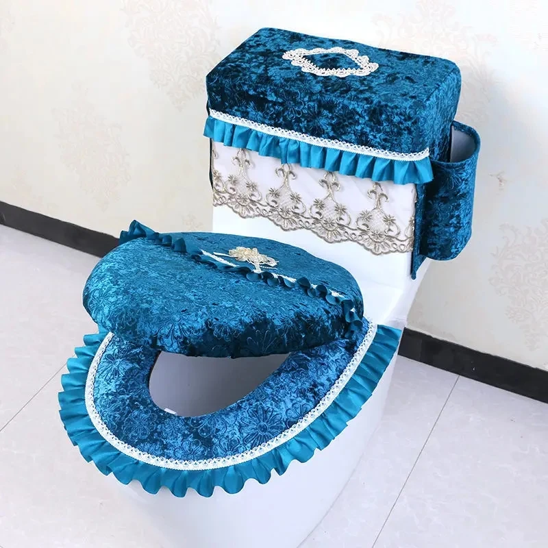 Toilet Seat Cover Lace Decoration Soft Velvet Two-piece Three-piece Dust-proof Tank