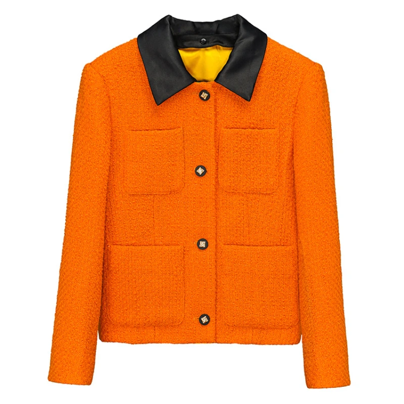 Luxury Orange Wool Tweed Jacket for Women 2023 Runway Designer Lapel Pockets Wool & Blends Coats Korean Autumn Winter Clothes