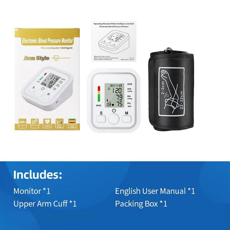 English Voice Digital Arm Blood Pressure Cuff Sensor Monitor BP Automatic Pressure Tonometer Tensiometer Heart Rate Pulse Meter 5