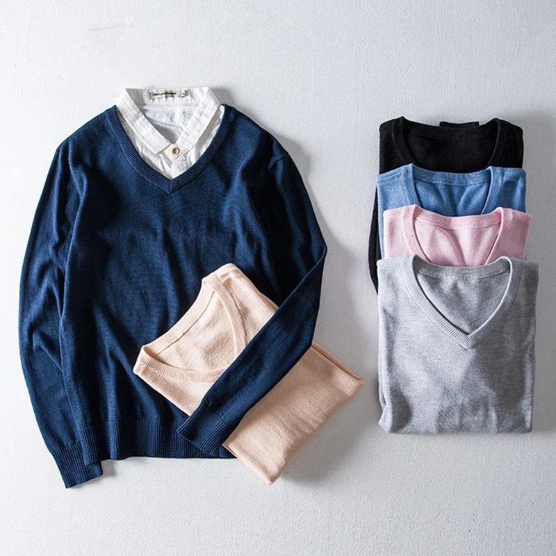 

100%Cotton Sweater Men Casual V-Neck Solid Color Pullovers Knitted Sweater Male New Winter Warm Mens Sweaters