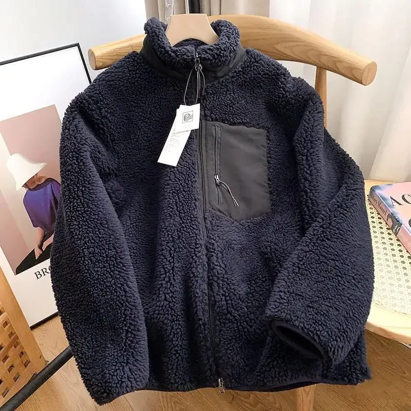 Autumn and Winter Japanese Men's and Women's Fleece Stand Neck Jacket Couple Zipper Loose Warm Lamb Wool Coat Solid Color Jacket 2