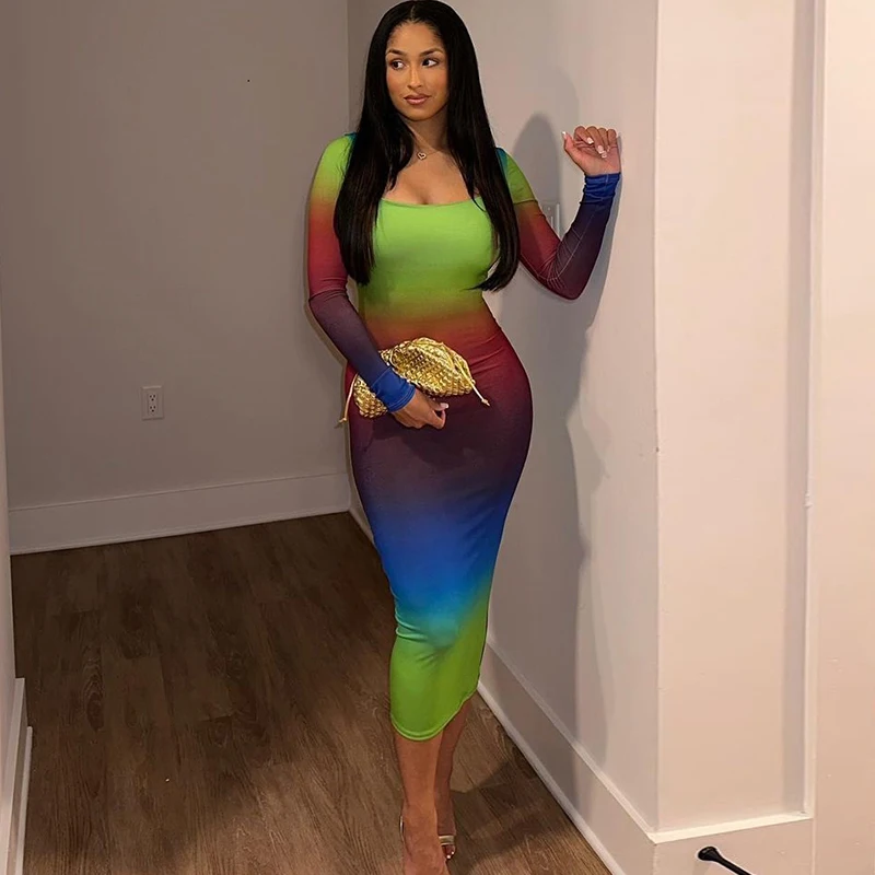 

Sexy Square Collar Gradient Color Bodycon Midi Dress Women Long Sleeve Night Prom Party Beach Clothes 2023 Summer Y2K Sundress