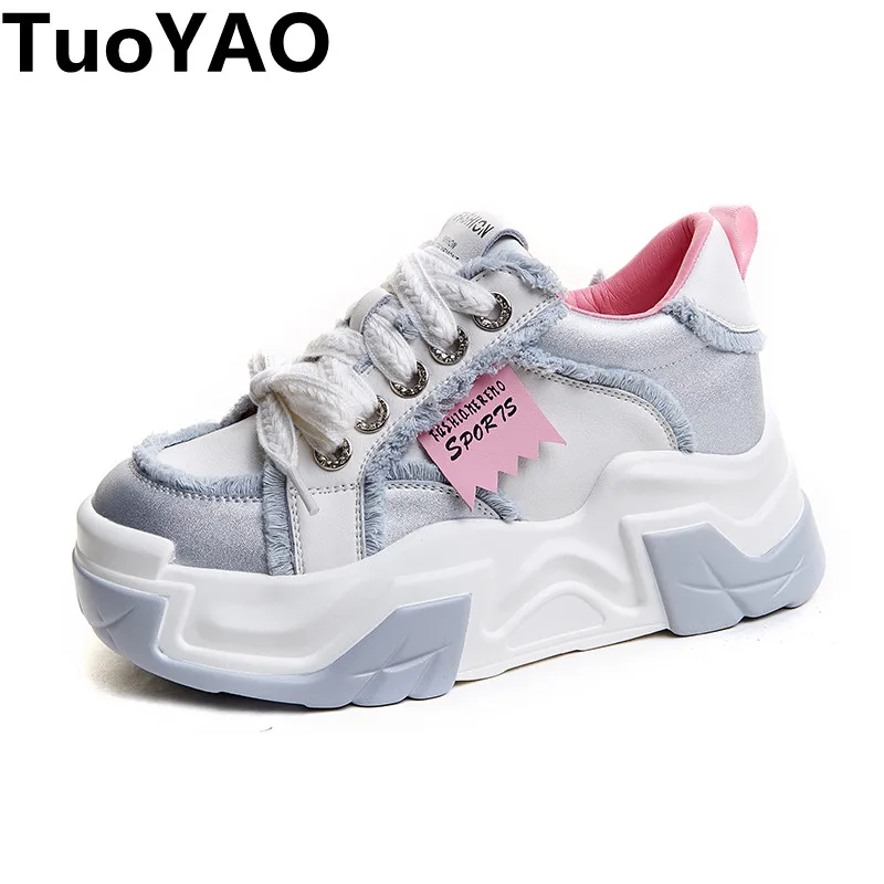 

7cm Newest Genuine Leather Hidden Heel Platform Wedge Chunky Sneakers Spring Autumn New Women Lace Up Mixed Color Comfort Shoes