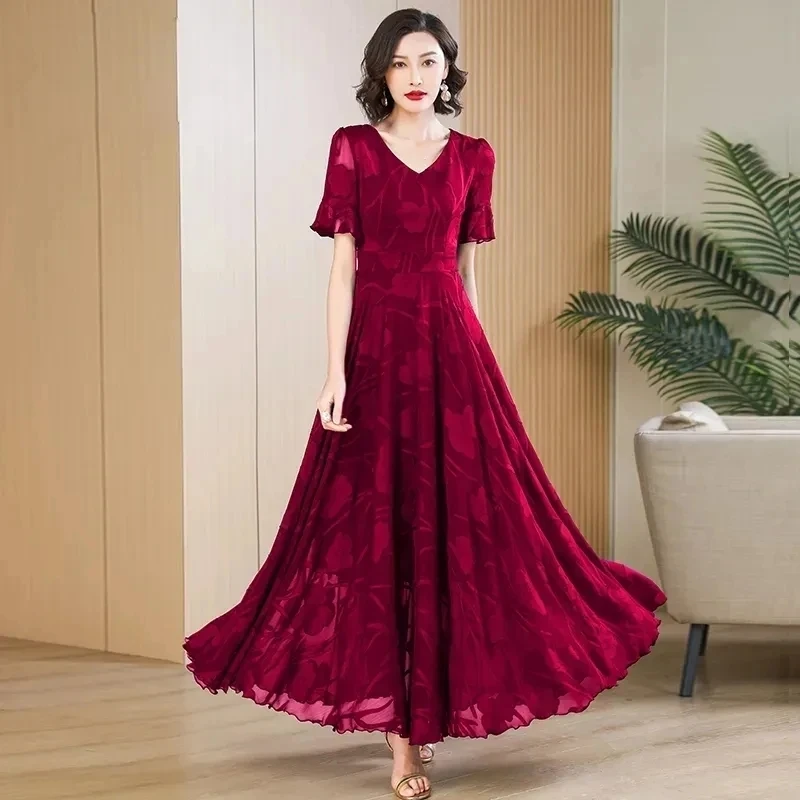 

2024 Summer New Women's Long Dress V Neck Vacation Lady Chiffon Dress Leisure Self Cultivation Appear Thin Ladies Party Vestidos