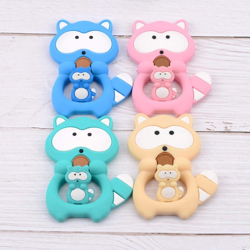 1PC Raccoon Silicone Teether Toys Necklace Accessories Infant Chew Toys Raccoon Silicone Beads Soft teether DIY Baby Teething 4