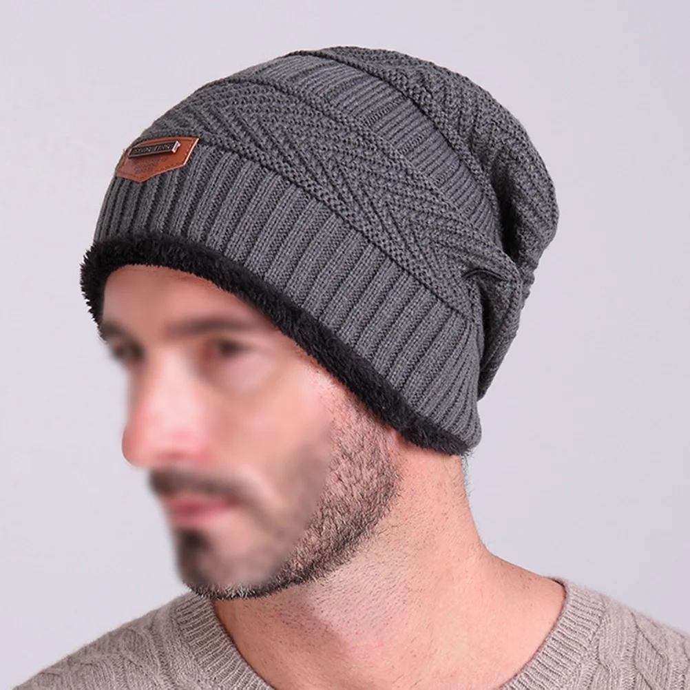 

Mens Knit Beanie Hat Thick Fleece Lined Skull (Dark Gray)