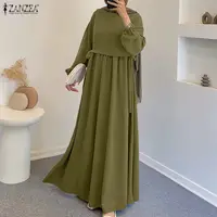 فستان كافتان طويل للنساء المسلمات من ZANZEA، بأكمام فانوسية ورباطات، بلون موحد وتصميم مطوي، عباءة إسلامية للنساء 1 فستان كافتان طويل للنساء المسلمات من ZANZEA، بأكمام فانوسية ورباطات، بلون موحد وتصميم مطوي، عباءة إسلامية للنساء 2