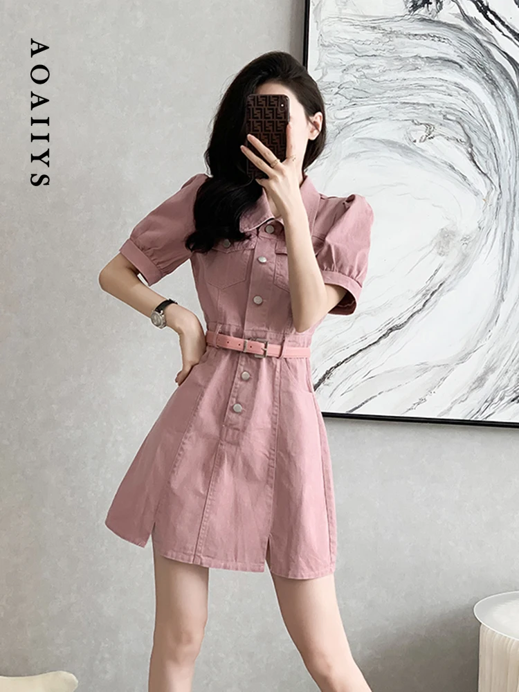 

Aoaiiys Pink Denim Dresses for Women New Turn-Down Collar with Belt Pocket Dresses Fashion Solid Puff Sleeve A-line Dress Summer