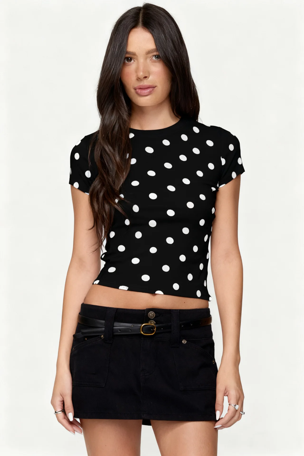 Vintage Polka Dot Kurzarm-T-Shirt – Figurbetontes Sommer-Freizeit-T-Shirt für Damen mit rundem Ausschnitt – Detail 2