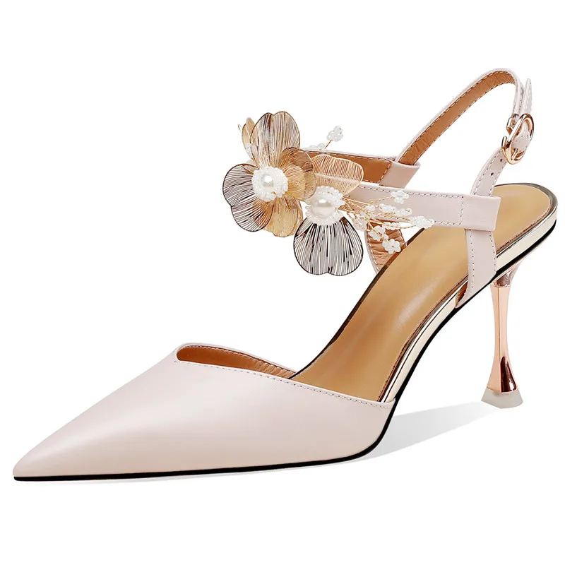 

【ENMAYER】 2023 New Fashion Ladies Party Buckle Shoes Women Genuine Leather Slingbacks Sandals Flower Thin High Heels Sandals