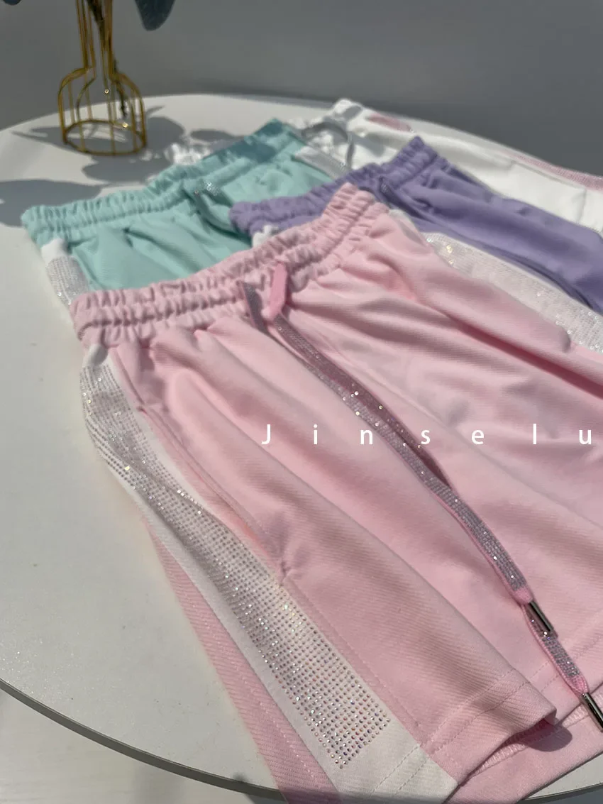 Fashionable Shiny Rhinestone Cotton Wide-Leg Short Pants for Women 2023 Summer New Loose High Waist Lace-up Sequin Shorts